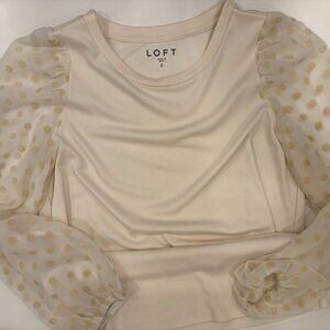 Loft Women's Size SMALL Cream Polka Dot Sheer Sleeve Blouse Knit